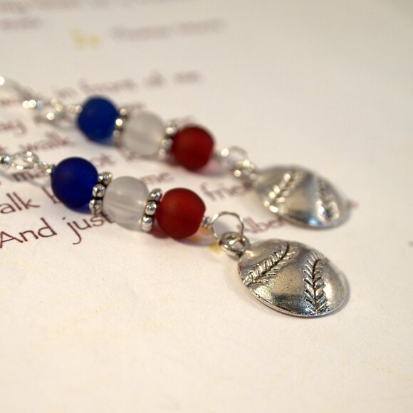 Baseball Earrings Red White Blue Earrings Sea Glass Dangle Pierced Earrings - Picture 4 of 9